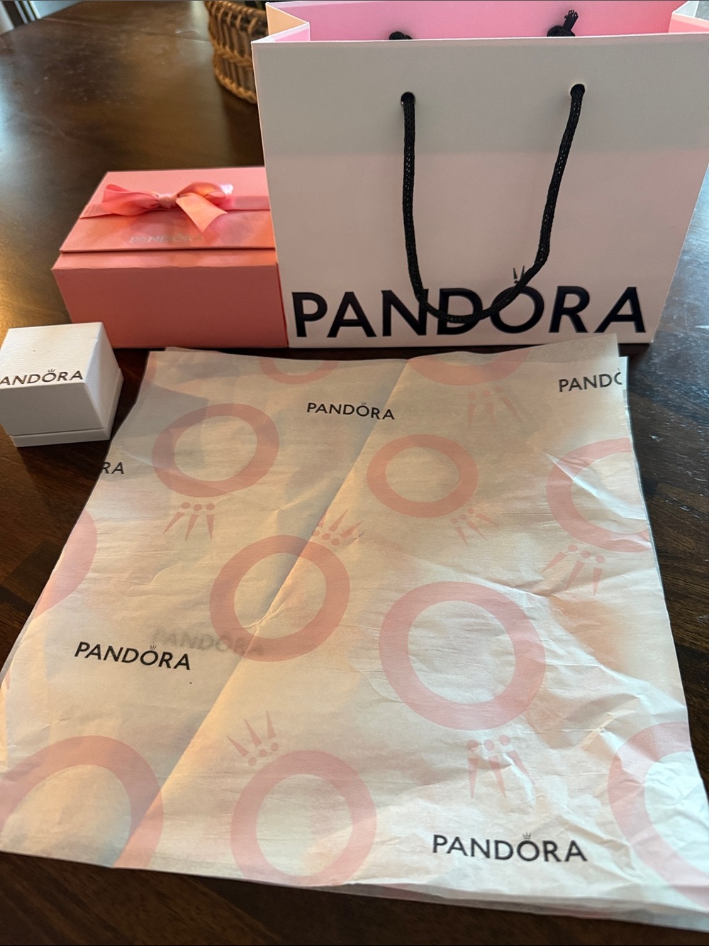 Pandora Packaging Set in Pink and White with Black Rope Handles